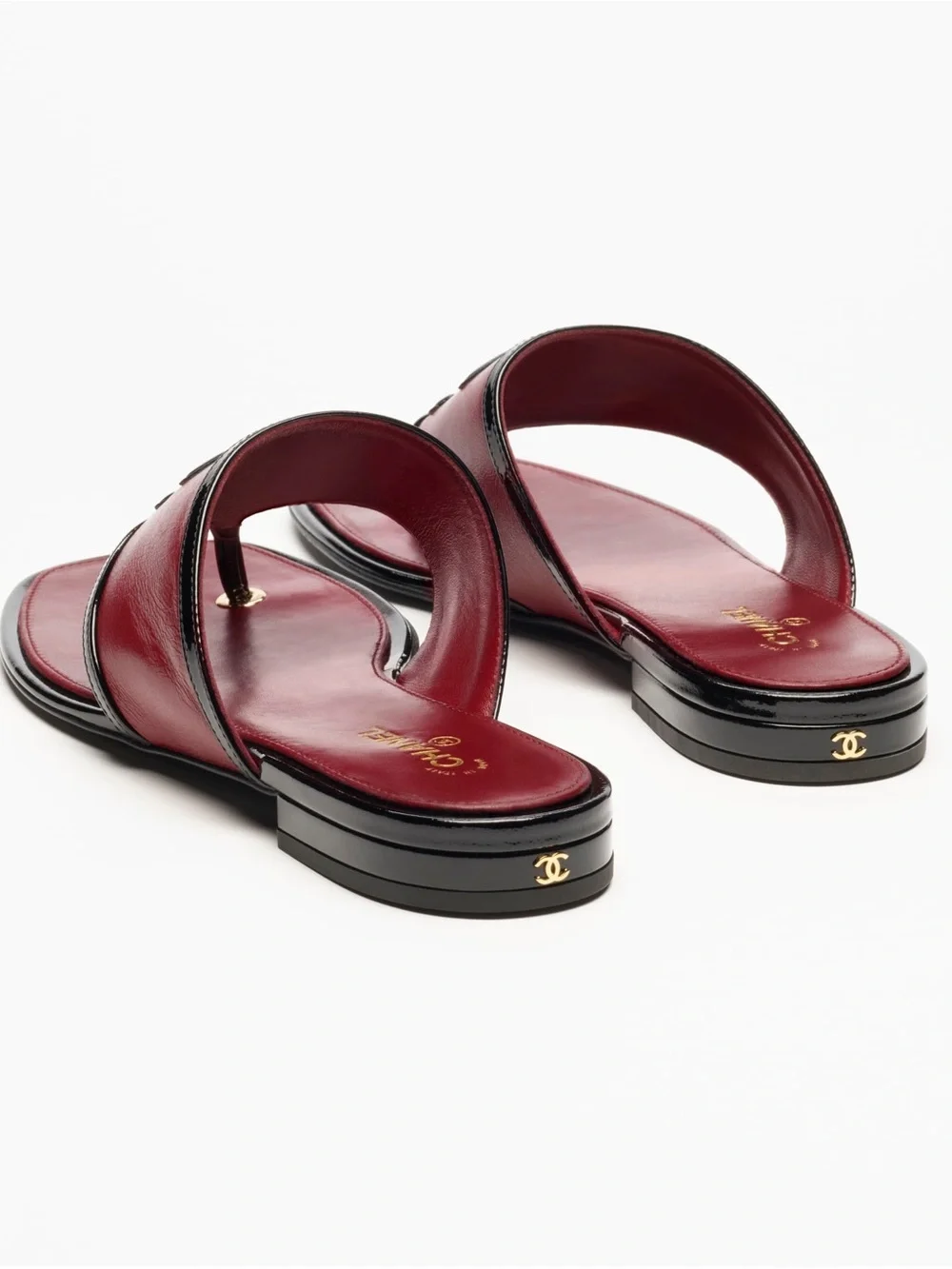 CHANEL Burgundy and Black Lambskin Thong Sandals